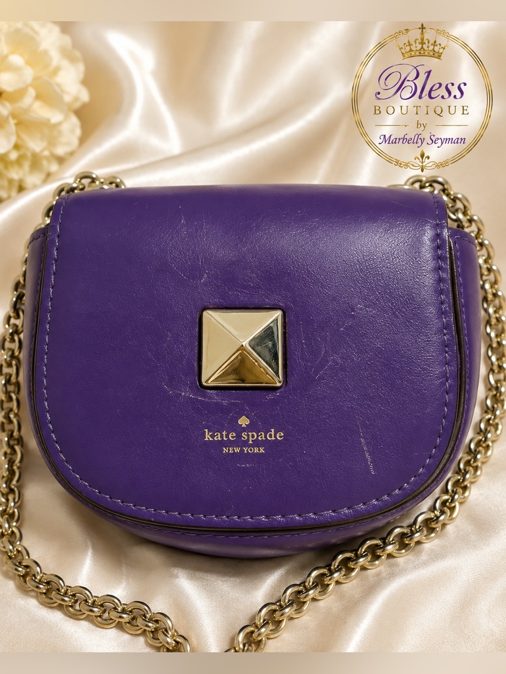 Title:
Kate Spade New York Purple Leather Mini Crossbody Bag Gold Chain Pyramid